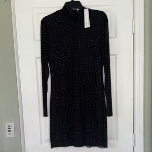 Black Long-Sleeve Rhinestone Mock Neck Dress by AQUA L